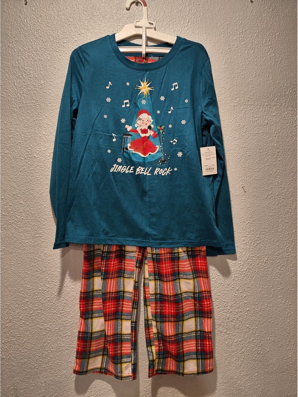 Holiday Themed Jingle Bell Rock Pajama Set with Plaid Pants